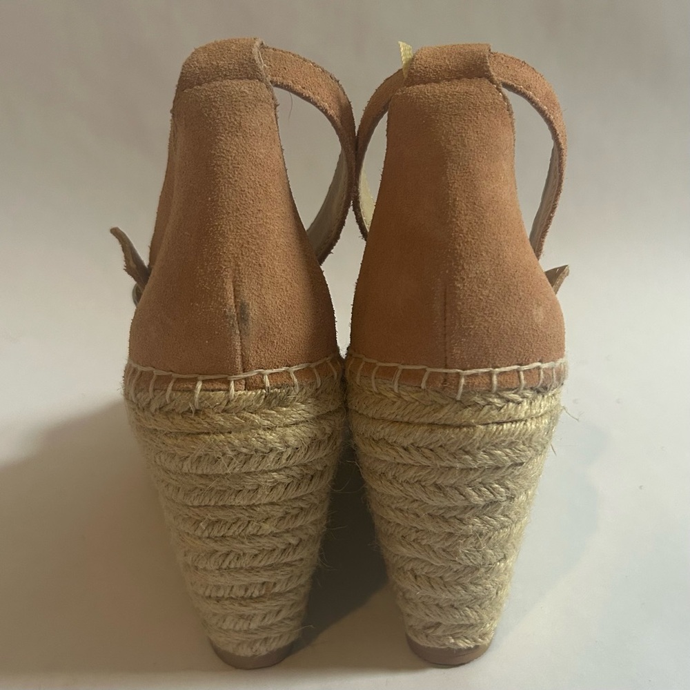 Seychelles Floral Espadrille Wedge Sandals Tan Suede Leather Peep Toe Heels Sz 9 - Picture 5 of 12